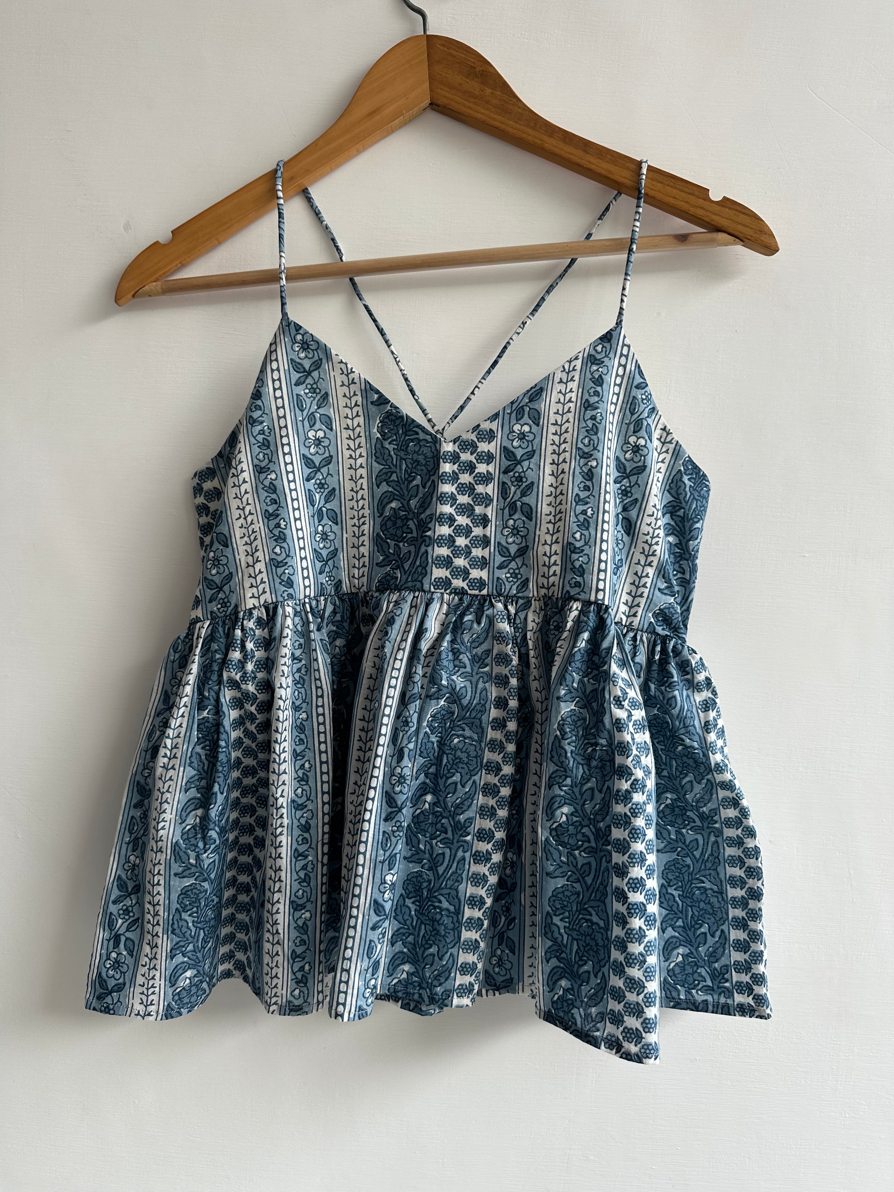 Indigo Dabu Handblock Printred Overlap Noodle Strap Top